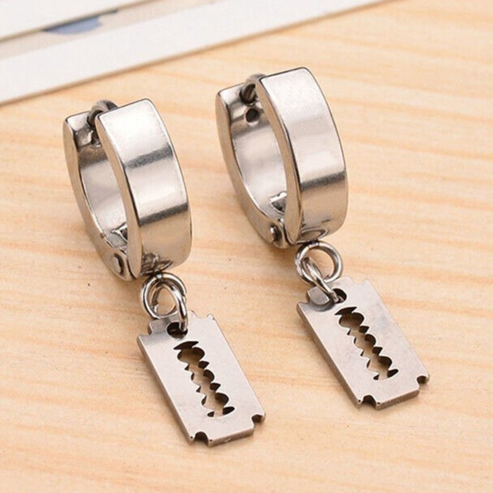 Mens Silver Stainless Steel Razor Blade Hoop Dangle Earrings Party Gift